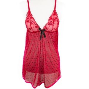 Red Mesh Black Heart Love Sequin Embellish Lace Sheer Negligee Nightgown S
